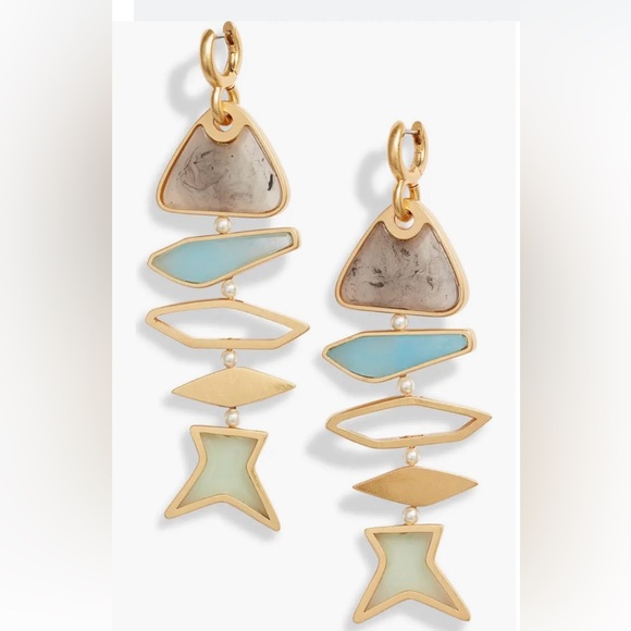 NWT! Tory Burch Gold Geometric Fish Drop Swarovski Pearls Dangle Earrings - Picture 5 of 5